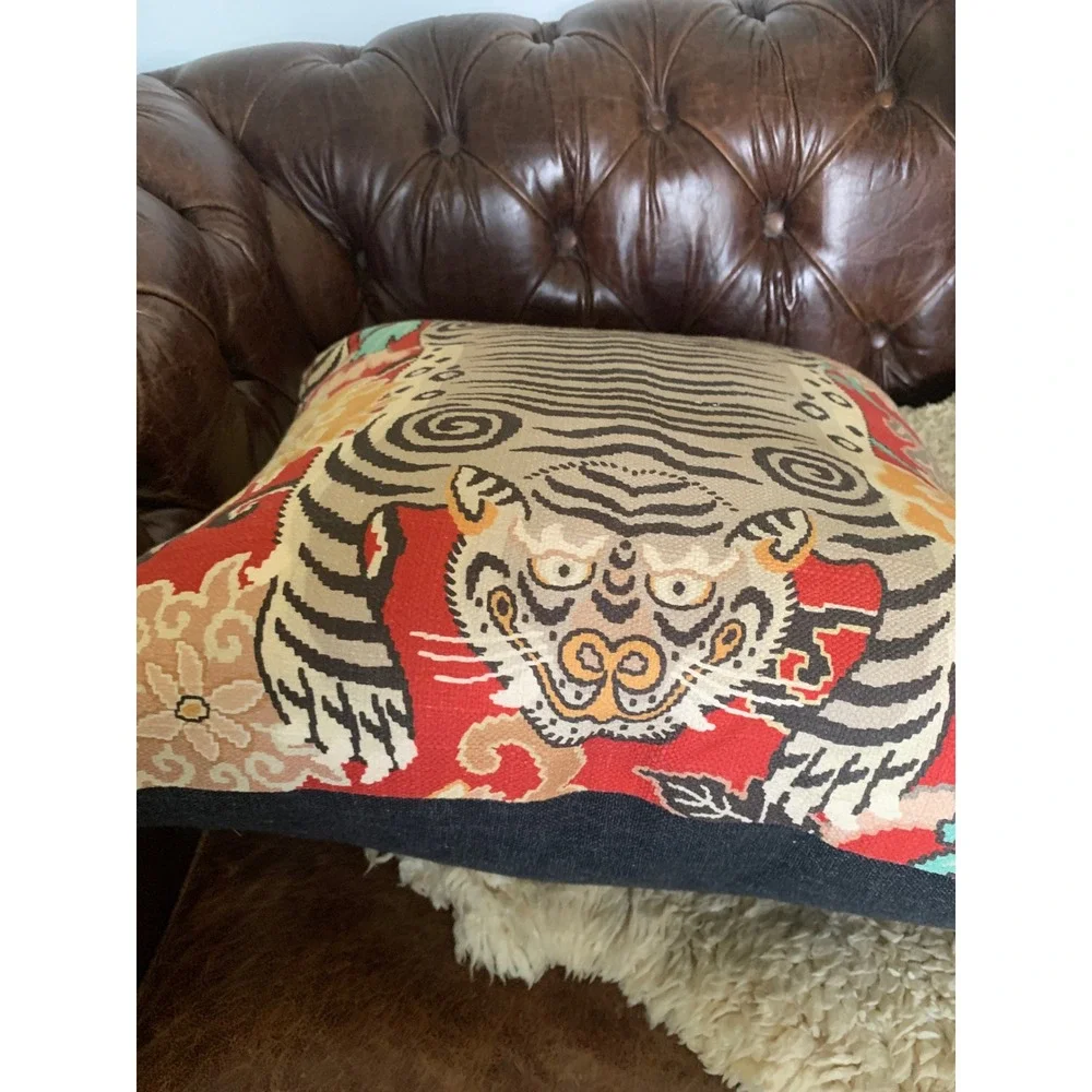 Tibetan Tiger Tapestry Throw Pillow Red Floral Woven Accent Decor 22x22